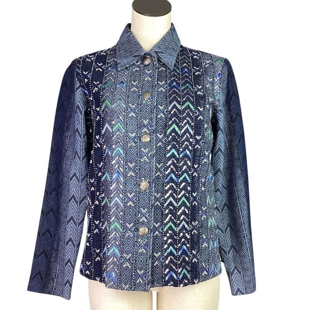 Coldwater Creek Jacket Women XS Blue Denim Aztec Embroidered Beaded Sequins
